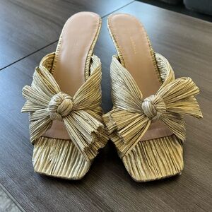 LOEFFLER RANDALL Eugenia Pleated Knot Bow Mule Sandals Gold Size 9.5